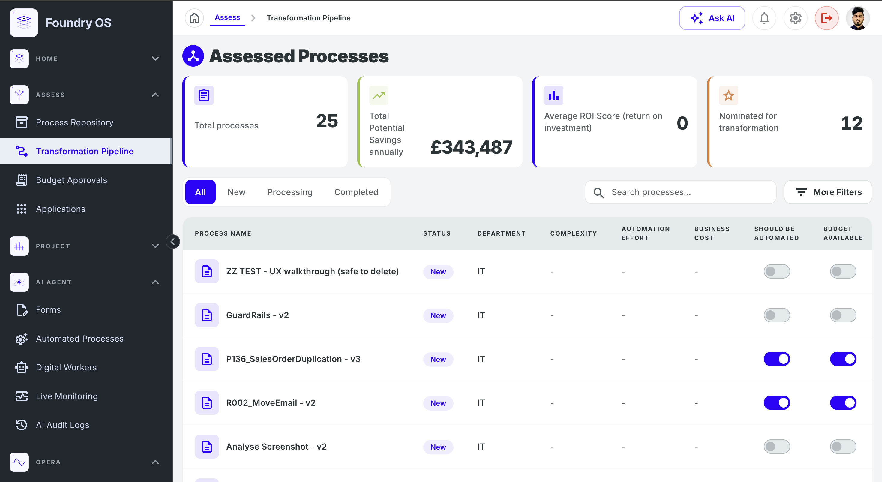 Transformation Pipeline of assessed processes with 343487 pounds potential annual savings and automation and budget toggles